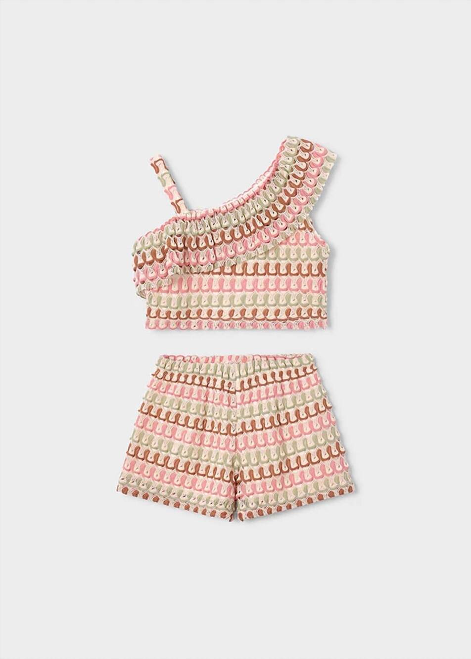 NEW MAYORAL kids' ruffle one shoulder crochet short set in multi